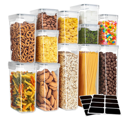 MR.SIGA 12 Pack Airtight Food Storage Container Set, BPA Free Kitchen Pantry Organization, Kitchen Canisters for Cereal, Spaghetti, includes 16 Reusable Sticker Labels