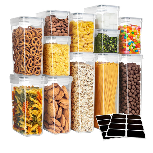MR.SIGA 12 Pack Airtight Food Storage Container Set, BPA Free Kitchen Pantry Organization, Kitchen Canisters for Cereal, Spaghetti, includes 16 Reusable Sticker Labels
