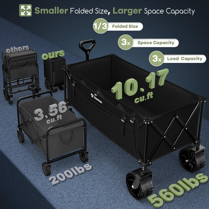 Hikemoon 300L Extra Large Wagons Carts Foldable, 560LBS Heavy Duty Collapsible Beach Wagon 48" Long with Big All-Terrain Wheels, Utility Folding Cart for Camping, Grocery, Sports, Garden, Black