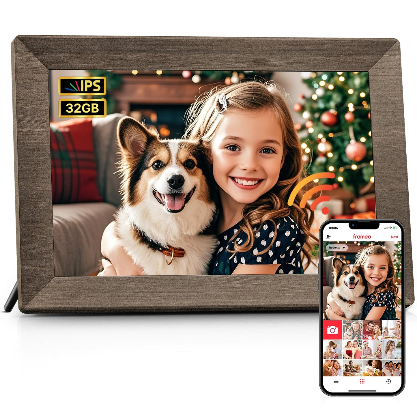 Frameo 10.1" Digital Picture Frame, Smart WiFi Digital Photo Frame with 1280x800 HD IPS Touch Screen 32GB Memory Auto-Rotate Wall Mounted, Share Photos/Videos from Phone Anywhere(Gray Wood)