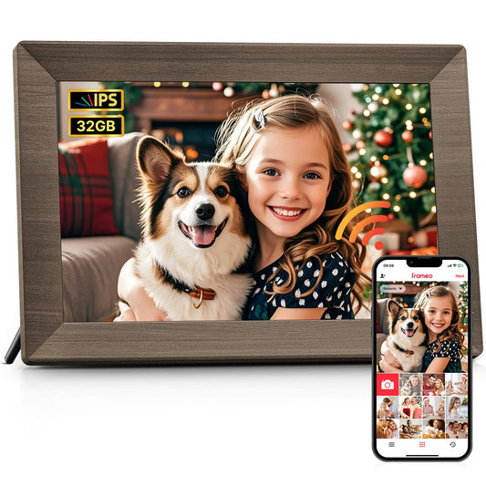 Frameo 10.1" Digital Picture Frame, Smart WiFi Digital Photo Frame with 1280x800 HD IPS Touch Screen 32GB Memory Auto-Rotate Wall Mounted, Share Photos/Videos from Phone Anywhere(Gray Wood)