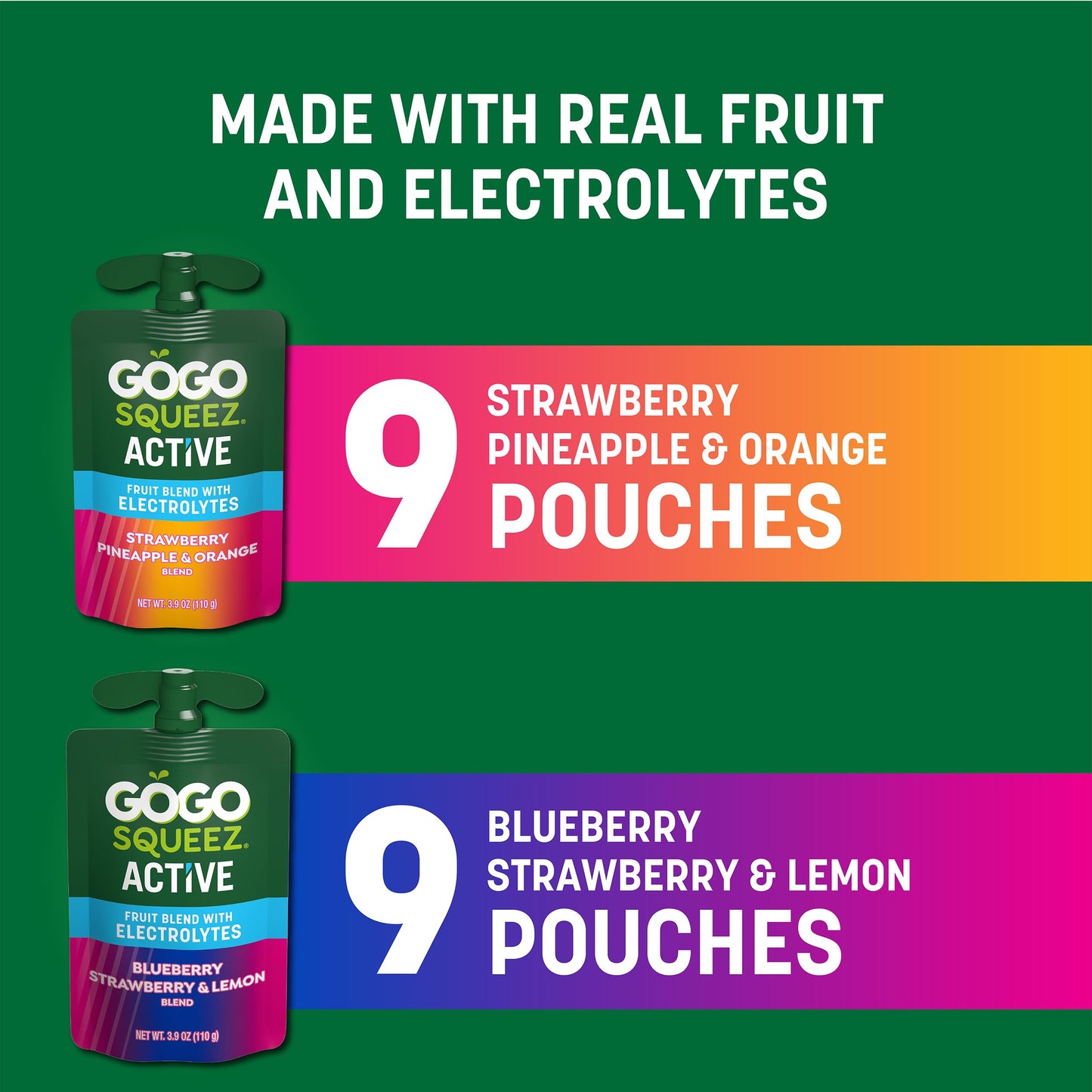 GoGo squeeZ Active Fruit Blend with Electrolytes | 18-Count Variety Pack | Blueberry Strawberry Lemon & Strawberry Pineapple Orange | Made with Real Fruit and Antioxidants Vitamin A, Vitamin E, & Vitamin C