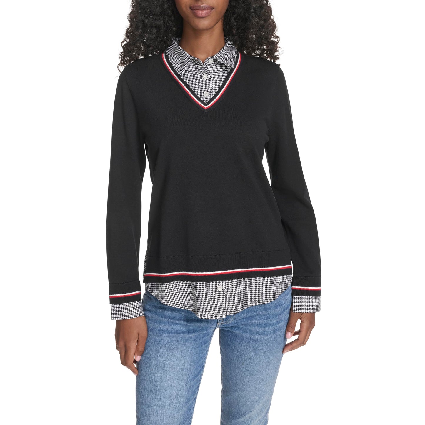 Tommy Hilfiger Women's Sportswear Layered Two-Piece Sweater Shirt, Black Multi, X-Small