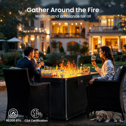 Ciays 43-Inch Rectangular Propane Fire Pit with 60,000 BTU Output, Fire Pit Table CSA-Certified Premium Gas for Outside Patio with 304 Stainless Steel H-Burner, Glass Stones, and Wind Guard,Black