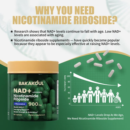 BAKAKOUL NAD Supplement - Liposomal Nicotinamide Riboside, Resveratrol, Quercetin, NAD Nicotinamide Riboside Resveratrol 900mg, NAD+ Supplement for Men and Women, 80 Capsules 1 Pack