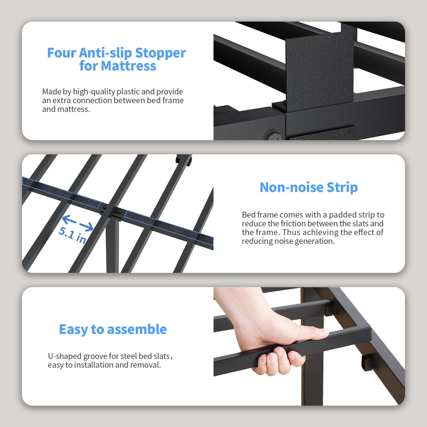 ROIL 14 inch Twin Bed Frames with Headboard Hole and Round Corner Legs Mattress Retainers 3500LBS Heavy Duty Steel Slats No Box Spring Needed Platform Noise-Free Easy Assembly