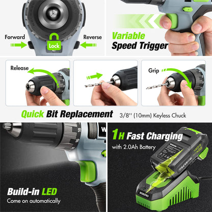 WORKPRO Home Tool Set With 20V Cordless Lithium-ion Drill Driver, 157PCS All-Purpose Kit, Power Drill Combo With Tool Bag