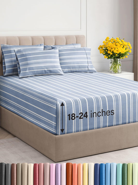 Extra Deep Queen Sheet Set - 6 Piece Breathable & Cooling Sheets - Hotel Luxury Bedding Set w/18-24 Inch Extra Deep Pockets - Easy & Secure Fit - Soft, Wrinkle Free & Comfy - Blue Stripes, Queen Size