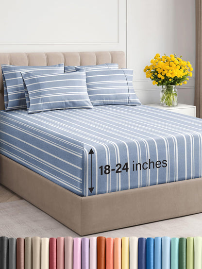 Extra Deep Queen Sheet Set - 6 Piece Breathable & Cooling Sheets - Hotel Luxury Bedding Set w/18-24 Inch Extra Deep Pockets - Easy & Secure Fit - Soft, Wrinkle Free & Comfy - Blue Stripes, Queen Size