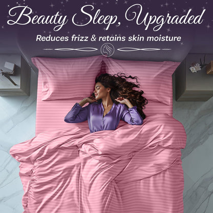 SLEEP SANCTUARY Satin Sheets King Size – 4 Piece Luxury Silky Bed Set, Softer Than Silk, 15" Deep Pocket, Cooling & Wrinkle-Free, Moisture-Wicking & Breathable for Hair & Skin (Striped Pink)