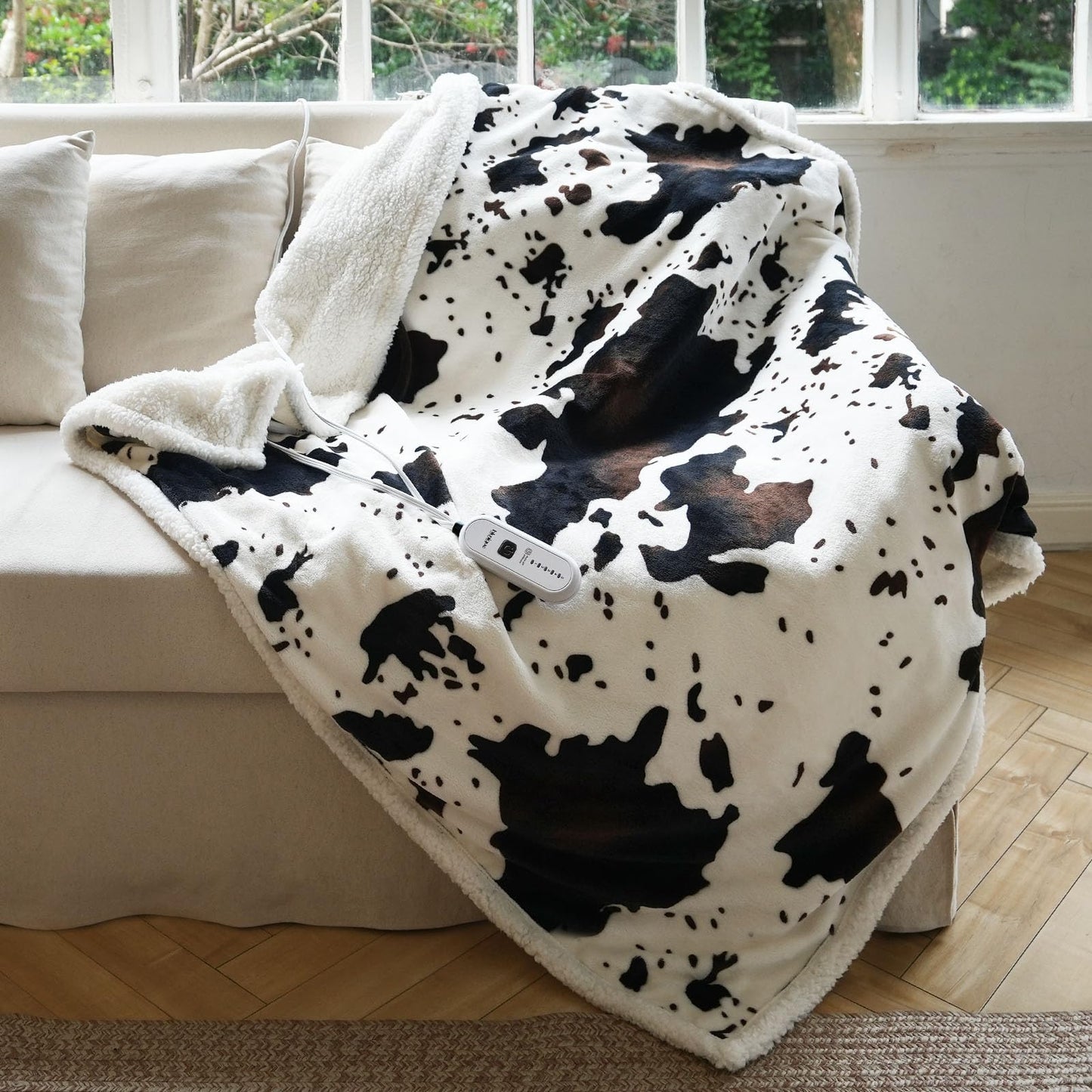 blunique Cow Print Heated Blanket Twin-Heating Electric Blanket Twin with 10 Heat Levels & 10 Hours Auto-Off, Cozy Soft Fleece Sherpa, Washable, 62 x 84 Inches Cow Print White