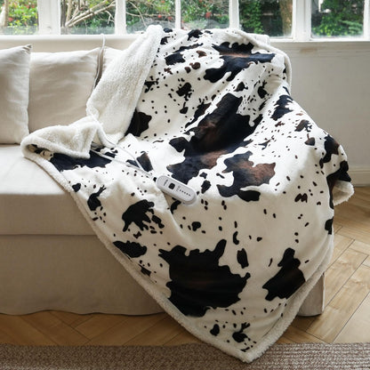 blunique Cow Print Heated Blanket Twin-Heating Electric Blanket Twin with 10 Heat Levels & 10 Hours Auto-Off, Cozy Soft Fleece Sherpa, Washable, 62 x 84 Inches Cow Print White