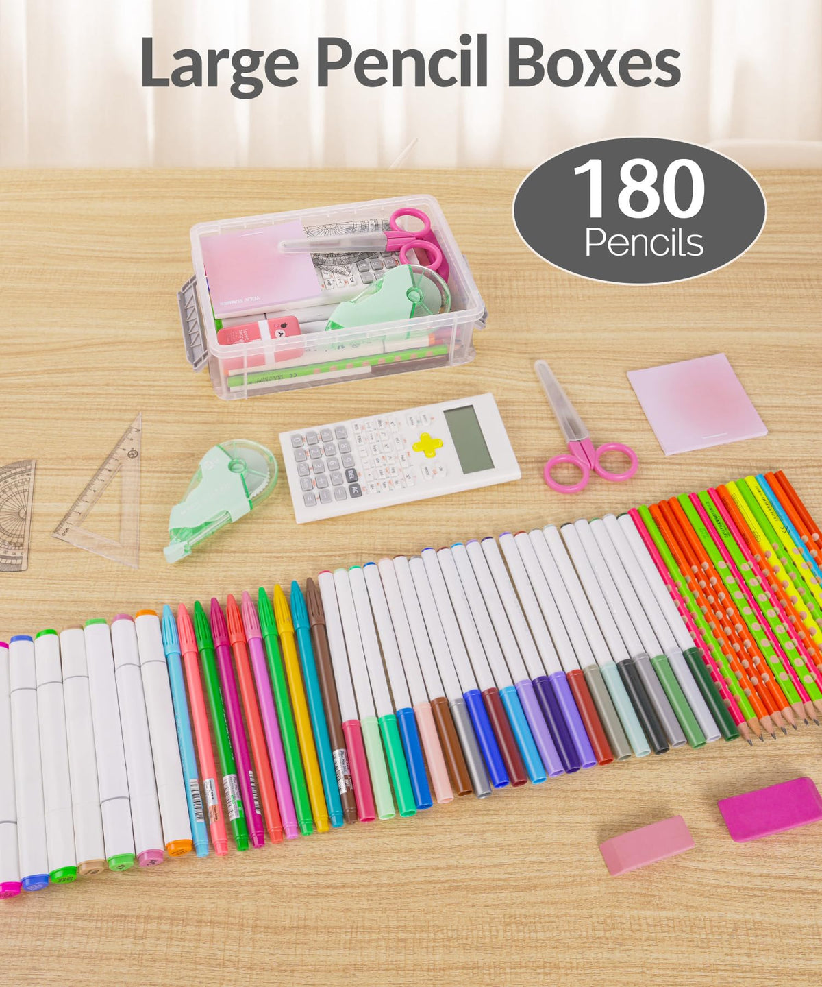 Sooez 6 Pack Extra Large Pencil Box, Plastic Pencil Case Crayon Box, Clear Marker Organizer Plastic Containers with Lid, Stackable Storage Boxes for Art Craft,Pen,Back to School Teacher Supplies, Grey