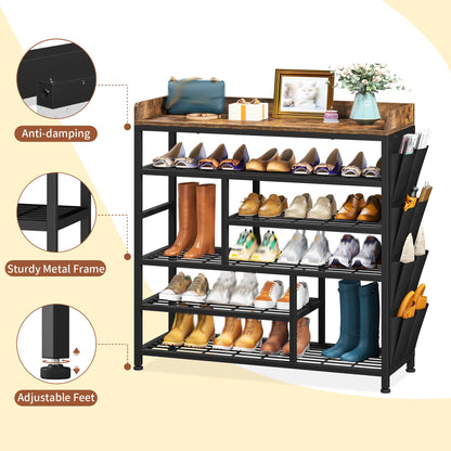 EnHomee Metal Shoe Rack for Entryway with Boots Storage for 22 Pairs Wood Shoes Rack Wooden Top and Side Pocket for Entry, Entrance, Hallway, Black