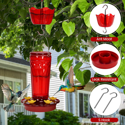 Zamelane Glass Hummingbird feeders for Outdoors 2pack-14Ounces，5 Feeding Ports Hummingbird Feeder,Wide Mouth for Easy Filling/Cleaning，Hanging for Garden Backyard Decor, Includes Ant Moat (Red，2Pack)