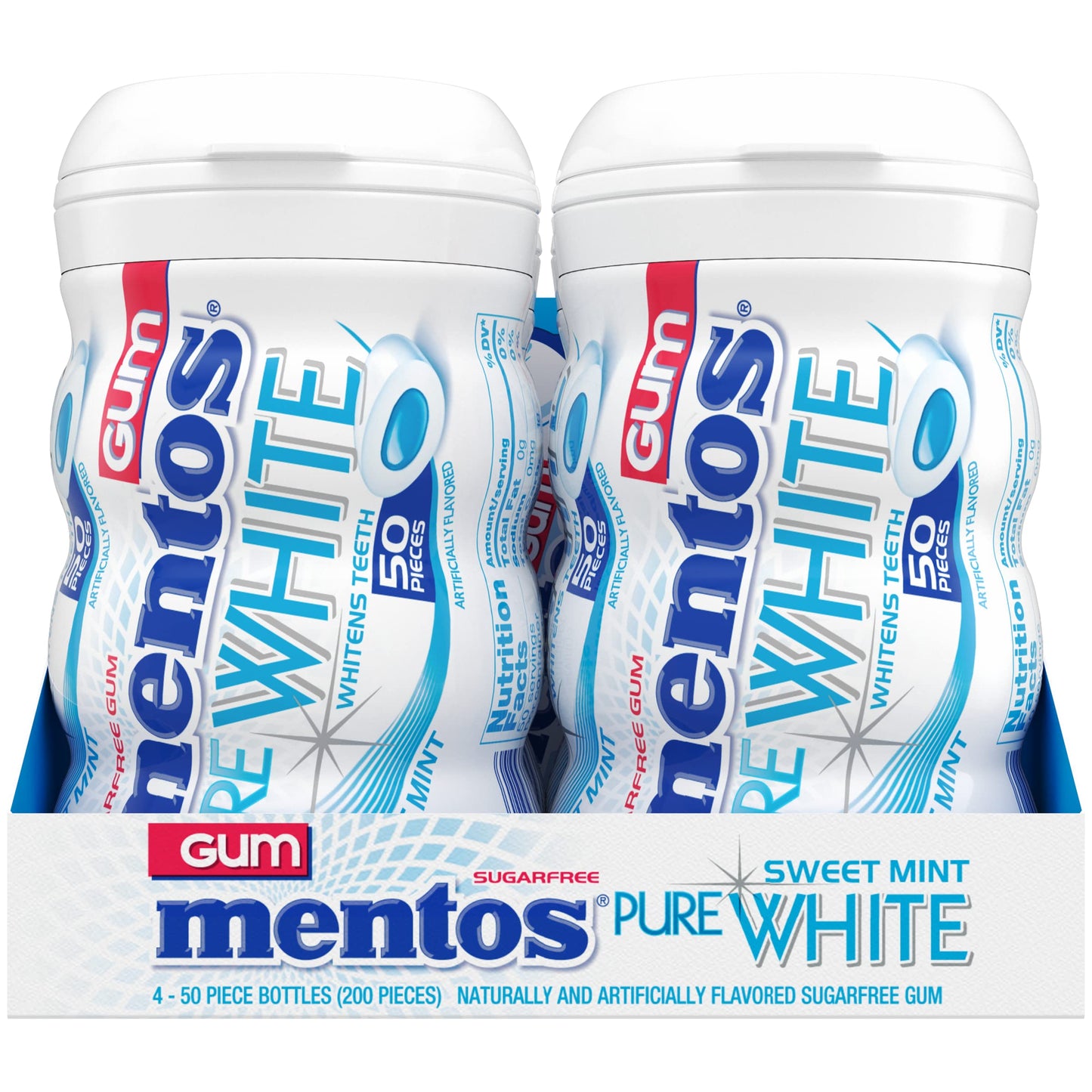 Mentos Pure White Sugar-Free Chewing Gum with Xylitol, Sweet Mint, 50 Piece Bottle (Bulk Pack of 4)