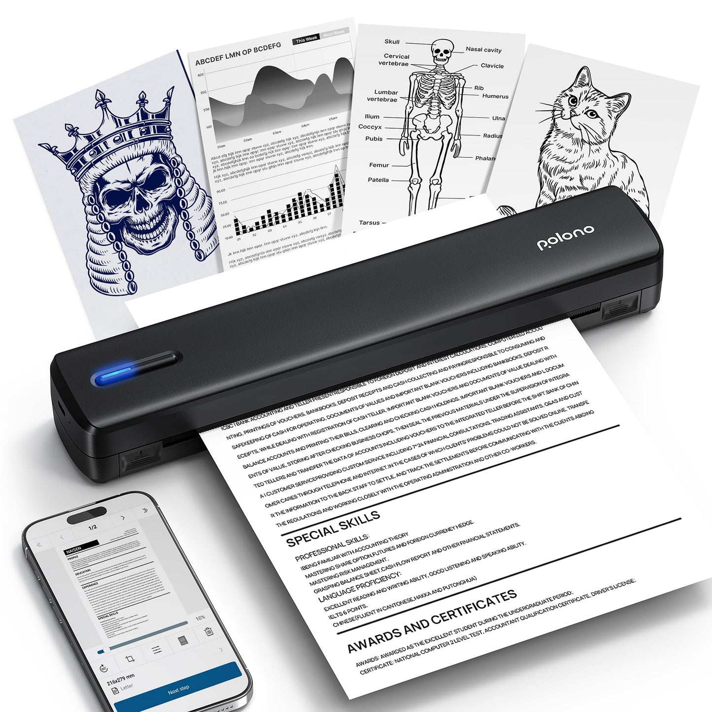 POLONO Portable Printer, D810 Inkless Bluetooth Thermal Printer Wireless for Travel, Compatible with iOS, Android, Laptop, Supports 8.5"x11" US Letter for Office, Car, Home, Black, 1 Pack