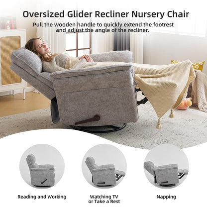 Rhevoy Oversized Glider Rocker Recliner, 26" Extra Wide 360° Swivel Nursery Recliner with Adjustable Headrest, Chenille Rocking Nursery Chair with Overstuffed Armrest, Lumbar Support, Light Grey