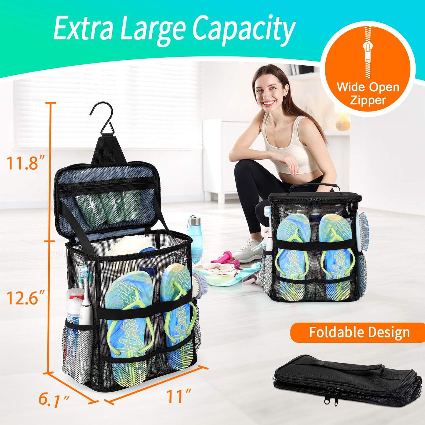 Dorm Room Essentials for Guys Girls Boys, Quick Dry Mesh Shower Caddy Portable, Large Capacity Shower Bag with Hanging Hook, Bathroom, Gym, Swimming, Travel, Beach, Camping, College Student Essentials