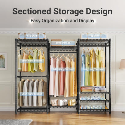 VIPEK V5 Portable Closet Wardrobe Heavy Duty Clothes Rack, Freestanding Clothing Rack with 4 Hang Rods & 8 Shelves, Adjustable Closet Racks, 68.9" L x 15.7" W x 76.4" H, Max Load 890LBS, Black