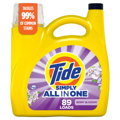 Tide Simply All-In-One Liquid Laundry Detergent, Berry Blossom Scent, 89 Loads, 117 fl oz