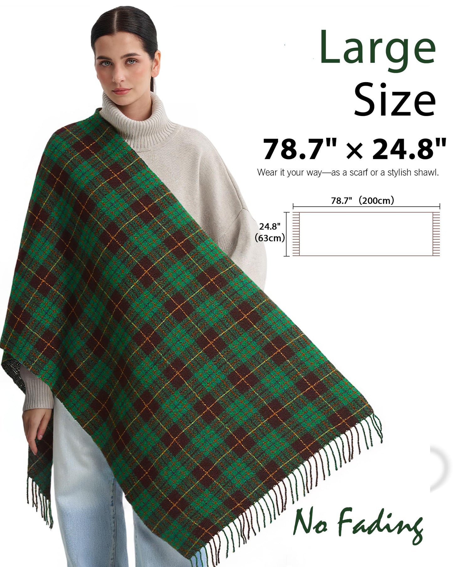 DOFOWORK Scarf for Women - Scarves for Women Winter Warm, Plaid Long Shawl Winter Scarf for Cold Weather, Soft Tassel Wrap Blanket, Green, 78.7"x24.8"