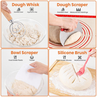 TomCare Sourdough Starter Kit 42 oz Large Glass Starter Jar 10 inch Round Bread Proofing Basket Silicone Baking Mat Tools 10pcs Bread Bags Complete Sourdough Bread Baking Supplies Gifts for Bakers