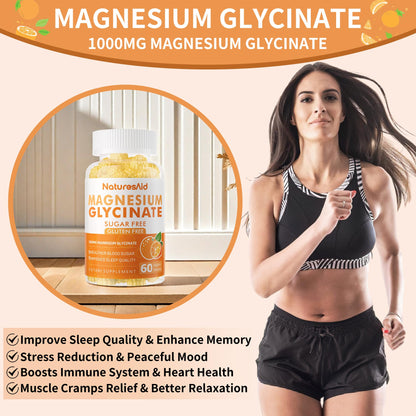 Magnesium Glycinate Gummies 1000mg - Sugar Free Magnesium Potassium Supplement with Vitamin D, B6, CoQ10 for Calm Mood & Sleep Support - 60 Orange Gummies -1 Pack