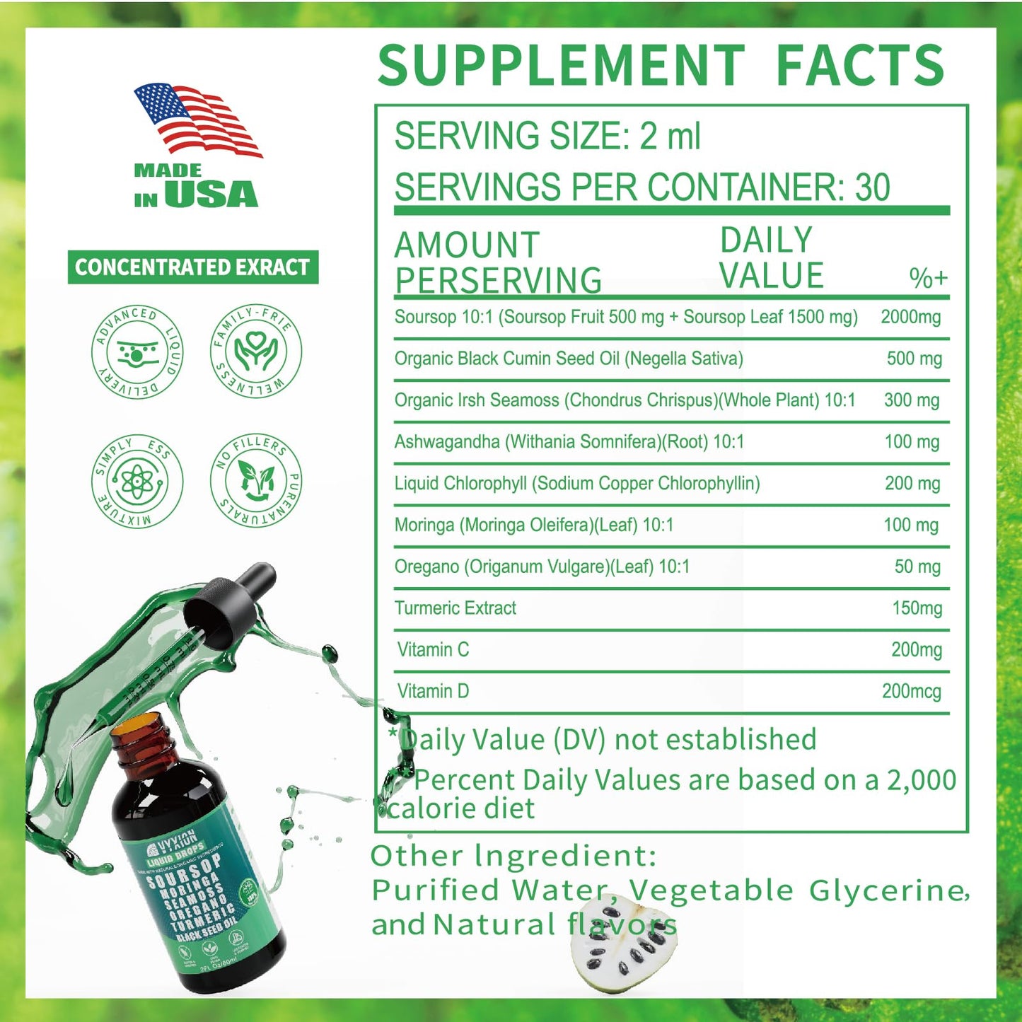 Vyxion Soursop Bitters Liquid Drops 10 in 1 with Sea Moss, Moringa, Turmeric, Black Seed Oil, Oregano, Ashwagandha | Herbal Extracts for Overall Health-Enhancing | Vegan, Non-GMO | 2 Fl Oz