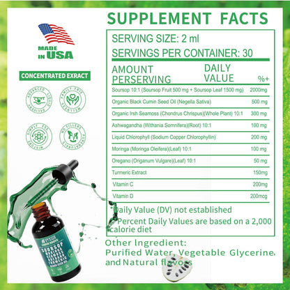 Vyxion Soursop Bitters Liquid Drops 10 in 1 with Sea Moss, Moringa, Turmeric, Black Seed Oil, Oregano, Ashwagandha | Herbal Extracts for Overall Health-Enhancing | Vegan, Non-GMO | 2 Fl Oz