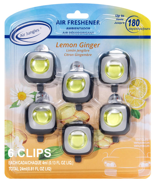 Air Jungles Lemon Ginger Scent Car Air Freshener Clip, 6 Vent Clips, 4ml Each, Long Lasting Air Freshener, Up to 180 Days Car Refresher Odor Eliminator