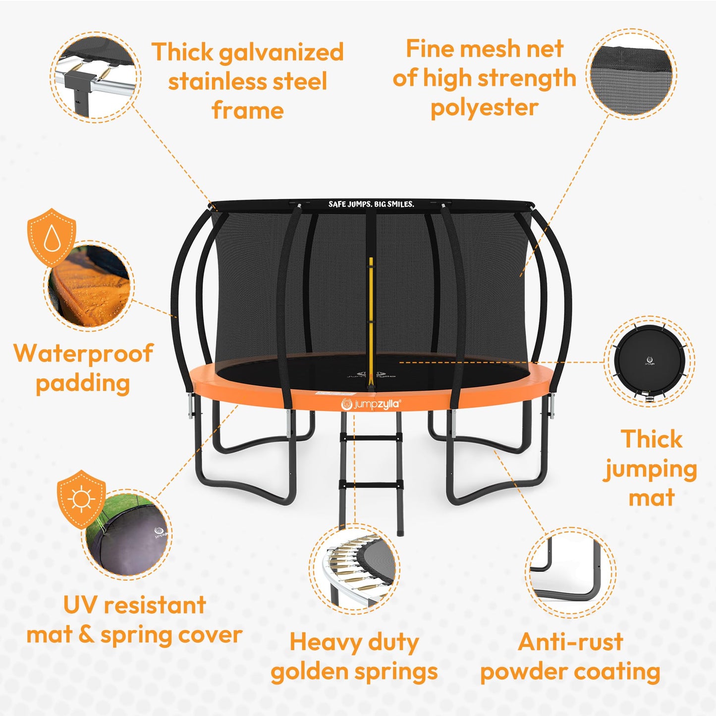 JUMPZYLLA Trampoline Outdoor 8FT 10FT 12FT 14FT 15FT 16FT with Enclosure and Ladder, ASTM Approved Recreational Trampoline for Kids and Adults, Anti-Rust Coated Frame