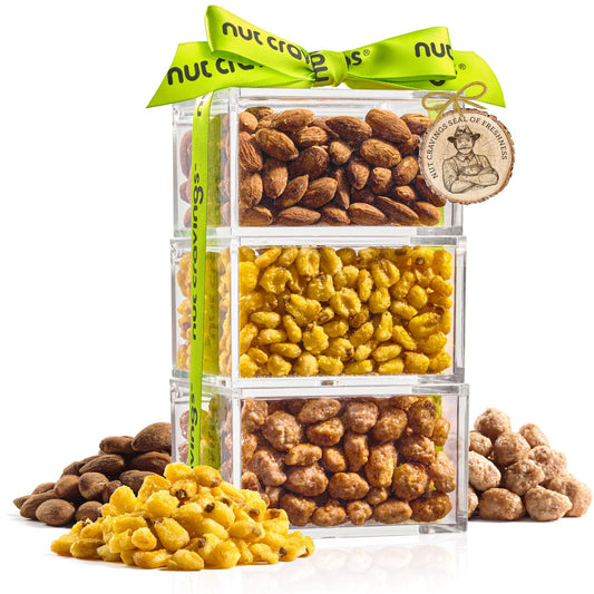 NUT CRAVINGS - Easter Mixed Nuts Acrylic Tower Gift Basket with Ribbon (3 Tier Assortment) Ramadan Gifts Treats for Adults, Food Arrangement, Healthy Snack Care Package, Kosher
