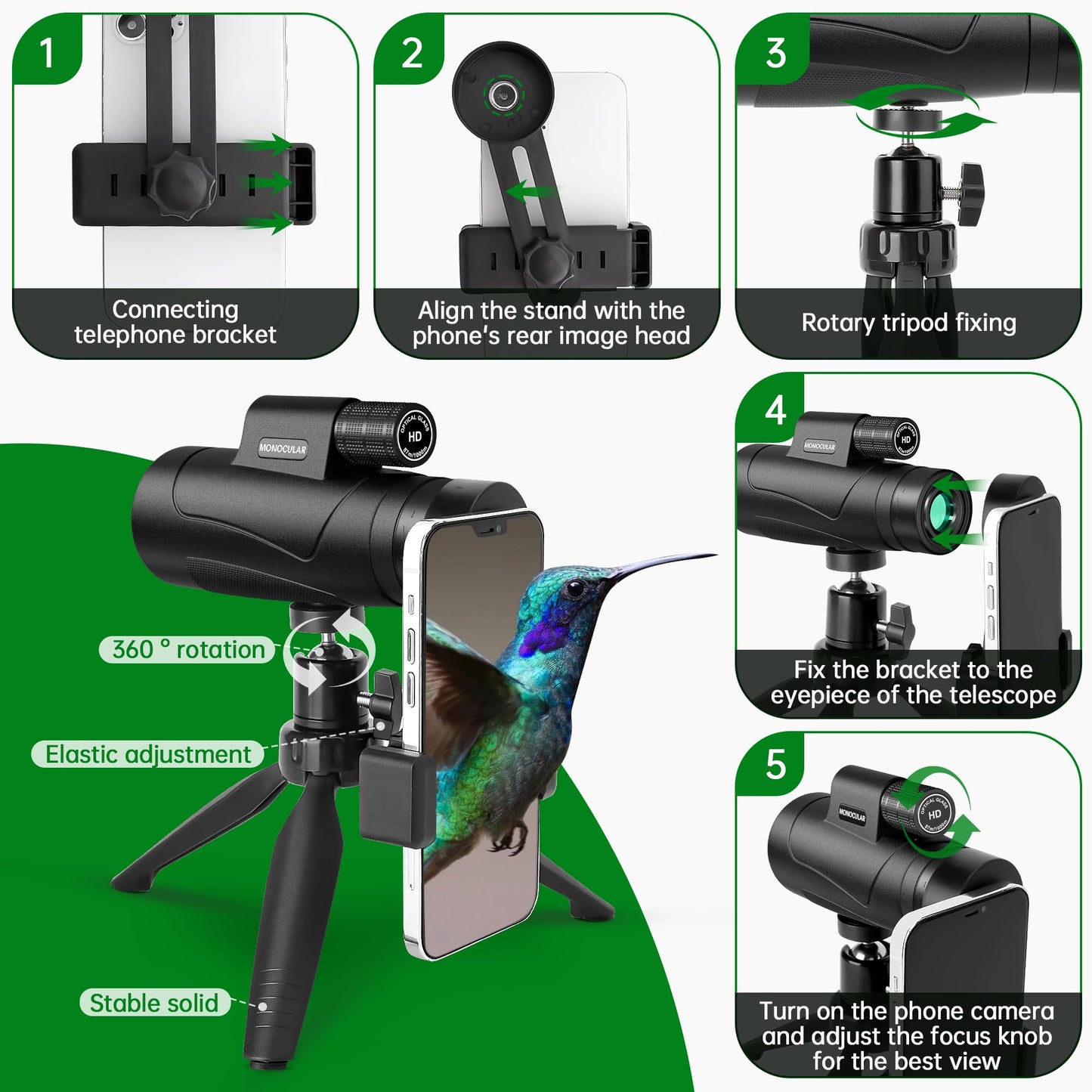 80x100 Monocular Telescope High Powered for Smartphone High Definition Monoculars for Adults with Adapter/Tripod for Bird Watching Hiking Hunting Camping Traveling Outdoor Wildlife-2025 Update