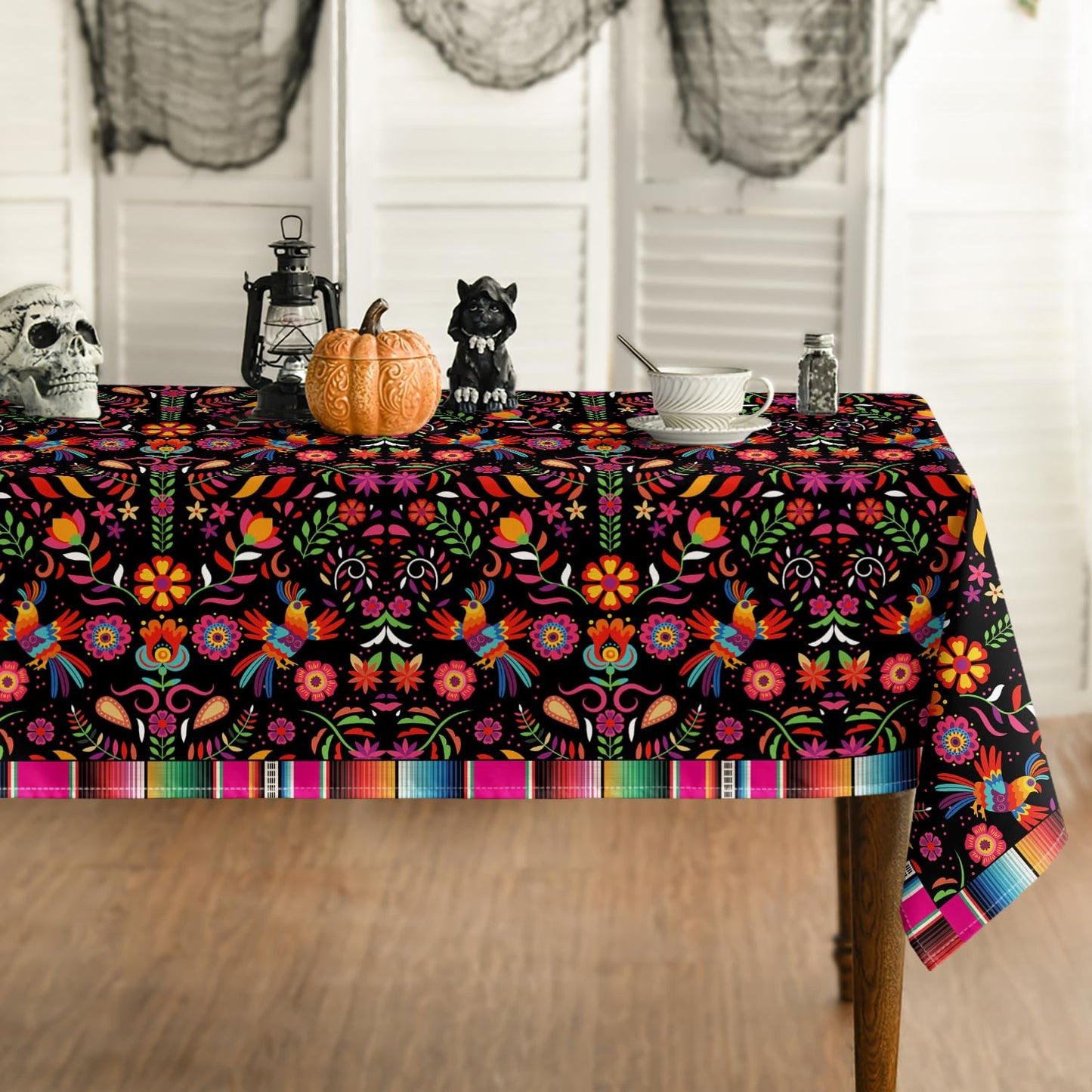 Horaldaily Mexico Tablecloth 60x120 Inch Rectangular, Halloween Cinco De Mayo Fiesta Design Black Stripes Washable Seasonal Table Cover for Party Picnic Dinner Decor