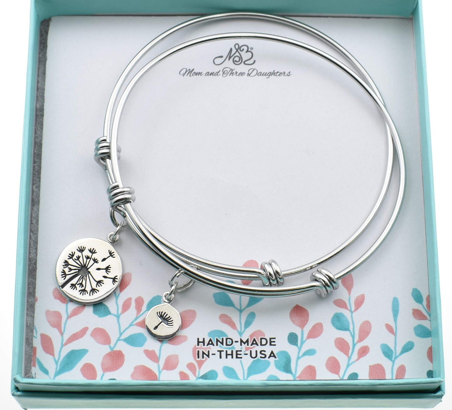 Mother Daughter Bangle Bracelets in Stainless Steel | Sterling Silver Dandelion Charm | Valentine's Day Gift for Her