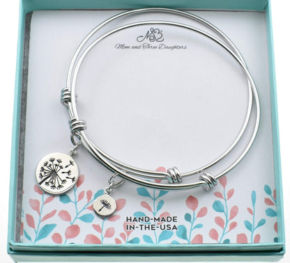 Mother Daughter Bangle Bracelets in Stainless Steel | Sterling Silver Dandelion Charm | Valentine's Day Gift for Her