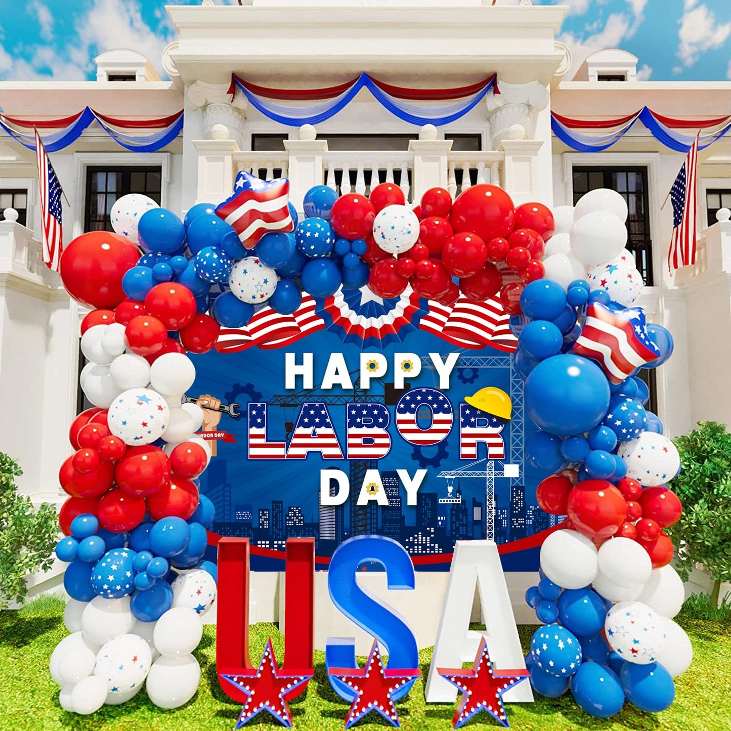 Happy Labor Day Backdrop Banner Remember and Honor Laborer Photography Background for Labor Day American Flag Patriotic Theme Party Decorations Supplies (6x4ft(70x40inch))