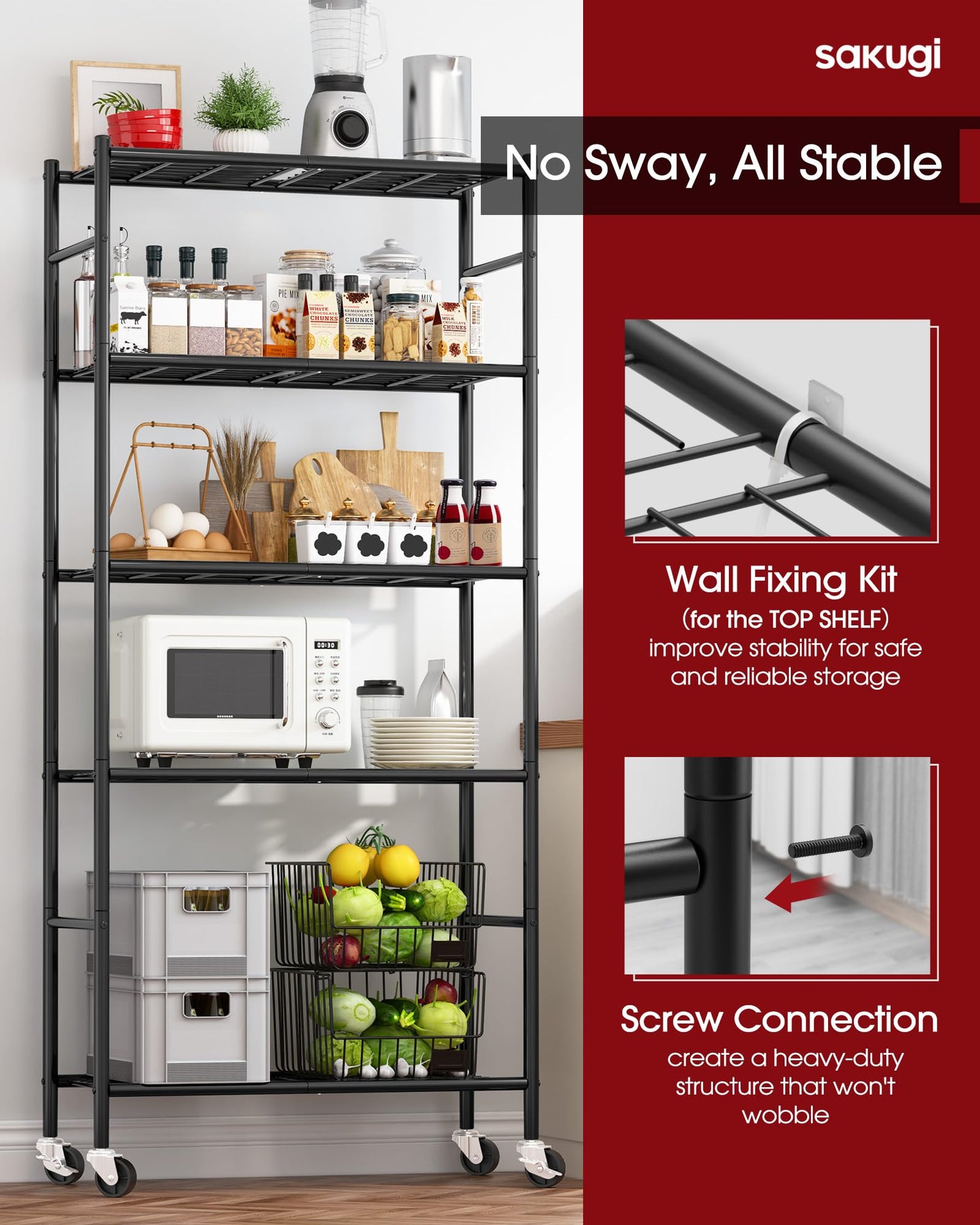 Sakugi Storage Shelves Organizer - 5 Tier Metal Shelf Organizer with Metal Wheels and Adjustable Leveling Feet, Heavy Duty Garage Shelving for Kitchen, Pantry and Closet, 33.1"x12.6"x73.5", Black