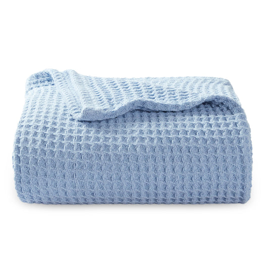 Bedsure 100% Cotton Blankets Twin XL Size for Bed - Waffle Weave Blankets for Summer, Lightweight and Breathable Soft Woven Blankets for Spring, Blue, 66x90 inches