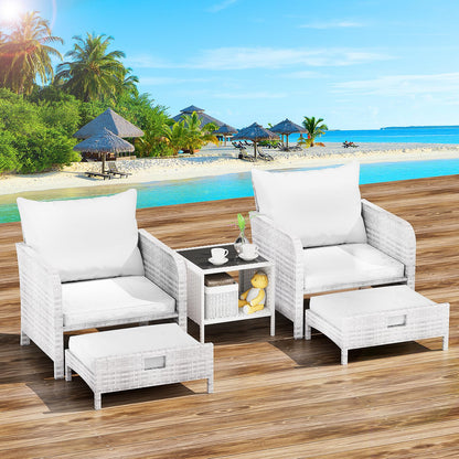 LEVELEVE Balcony Furniture 5 Piece Patio Conversation Set, PE Wicker Rattan Outdoor Lounge Chairs with Soft Cushions 2 Ottoman&Glass Table for Porch, Lawn-Grey Wicker