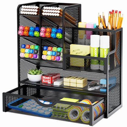 Marbrasse Mesh Pen Holder for Desk, Multi-Functional Pencil Organizer with Drawer, Desk Organizers and Accessories for Office Art Supplies (Black)
