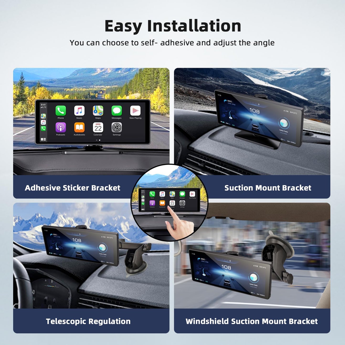 10.26 Inch Carplay Screen for Car, Portable CarPlay Screen with Wireless Carplay & Android Auto, 4K Dash Cam/1080P Backup Camera/GPS Navigation/Mirror Link/Bluetooth, Car Touch Screen with 64GB TF