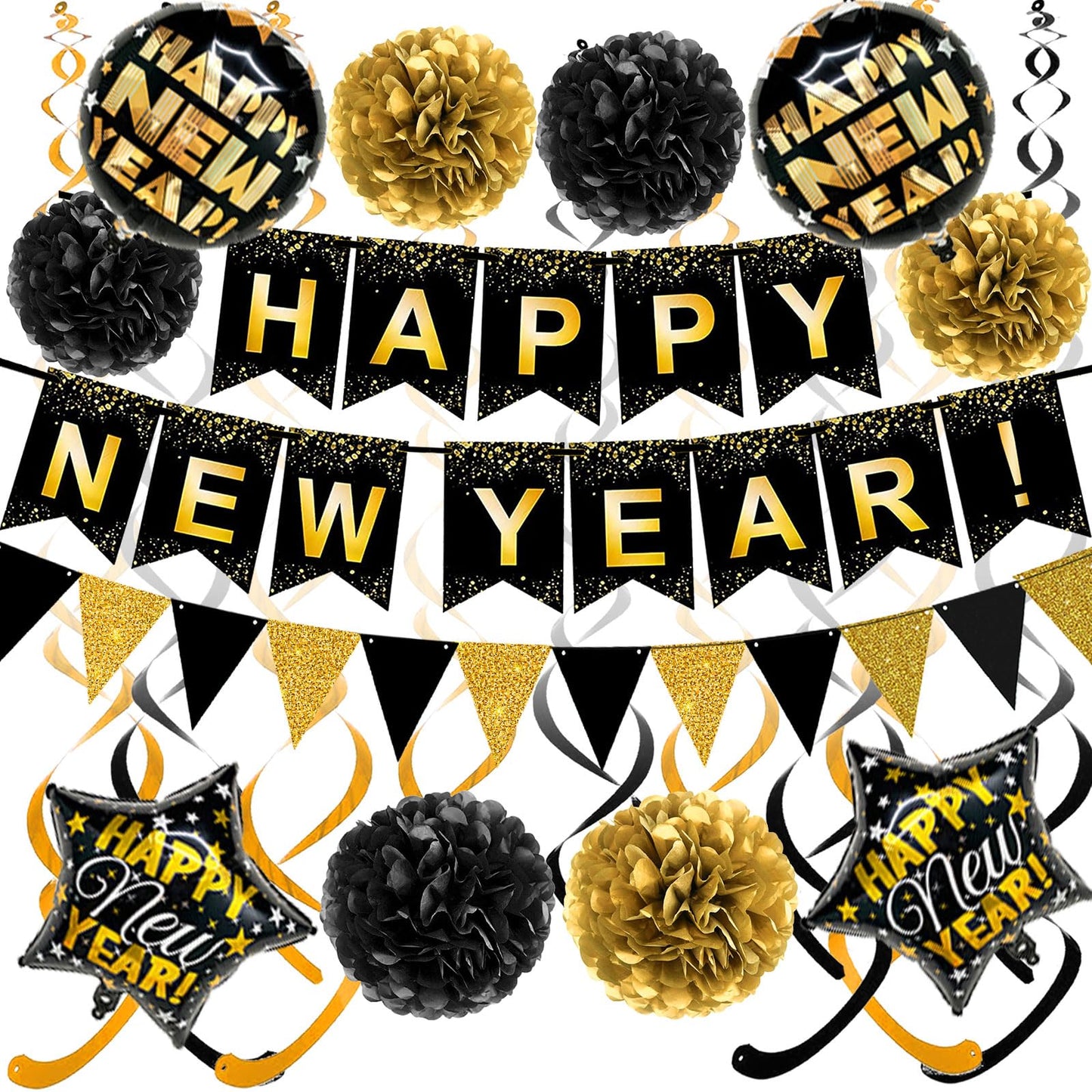 Brand:Oh baby,HAPPY NEW YEAR Paper Banner Triangle Flag Bunting Pom poms Swirl Streamers Aluminum foil balloons for New year Party Decorations