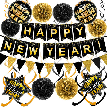 Brand:Oh baby,HAPPY NEW YEAR Paper Banner Triangle Flag Bunting Pom poms Swirl Streamers Aluminum foil balloons for New year Party Decorations