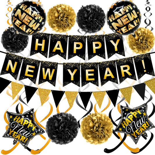 Brand:Oh baby,HAPPY NEW YEAR Paper Banner Triangle Flag Bunting Pom poms Swirl Streamers Aluminum foil balloons for New year Party Decorations
