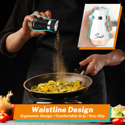 Salt and Pepper Shakers Set,4 oz Glass Bottom Salt Pepper Shaker with Stainless Steel Lid for Kitchen Gadgets Cooking Table, RV, Camp,BBQ Refillable Design (White + Black)