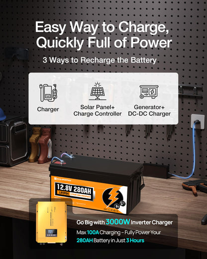 ECO-WORTHY 12V 280AH LiFePO4 Lithium Battery with Bluetooth, Low Temp Protection, Built-in 200A BMS, 3584Wh Energy. Perfect for Off-Grid, RV, Solar System, Camper, Travel Trailer, Backup System