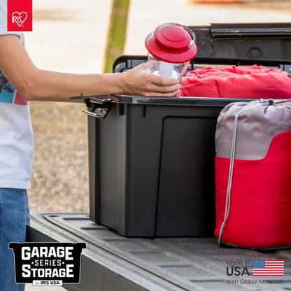 IRIS USA 20 Gallon Lockable Storage Bins with Lids, 6 Pack - Made in USA, Heavy Duty, Stackable Containers, Garage Organizing Bins Moving Tubs, Rugged Sturdy Equipment Utility Box - Black