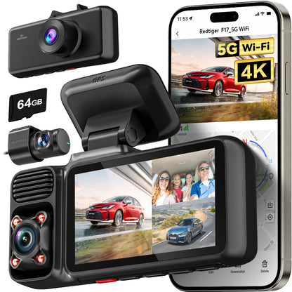 REDTIGER 4K 3 Channel Dash Cam, 5GHz WiFi Built-in GPS with 64GB Card, 2160P+1080P+1080P Front and Rear Inside, Triple Car Camera with 3 Inch Screen, IR Night Vision, G Sensor, WDR, Parking Mode(F17)